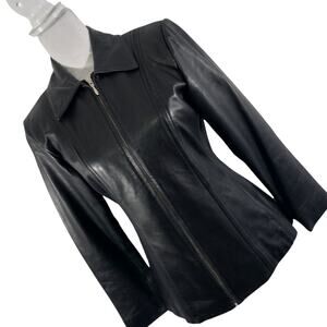 JACQUELINE FERRAR! BLACK GENUINE LAMBSKIN LEATHER ZIPPER FRONT JACKET! SZ SP